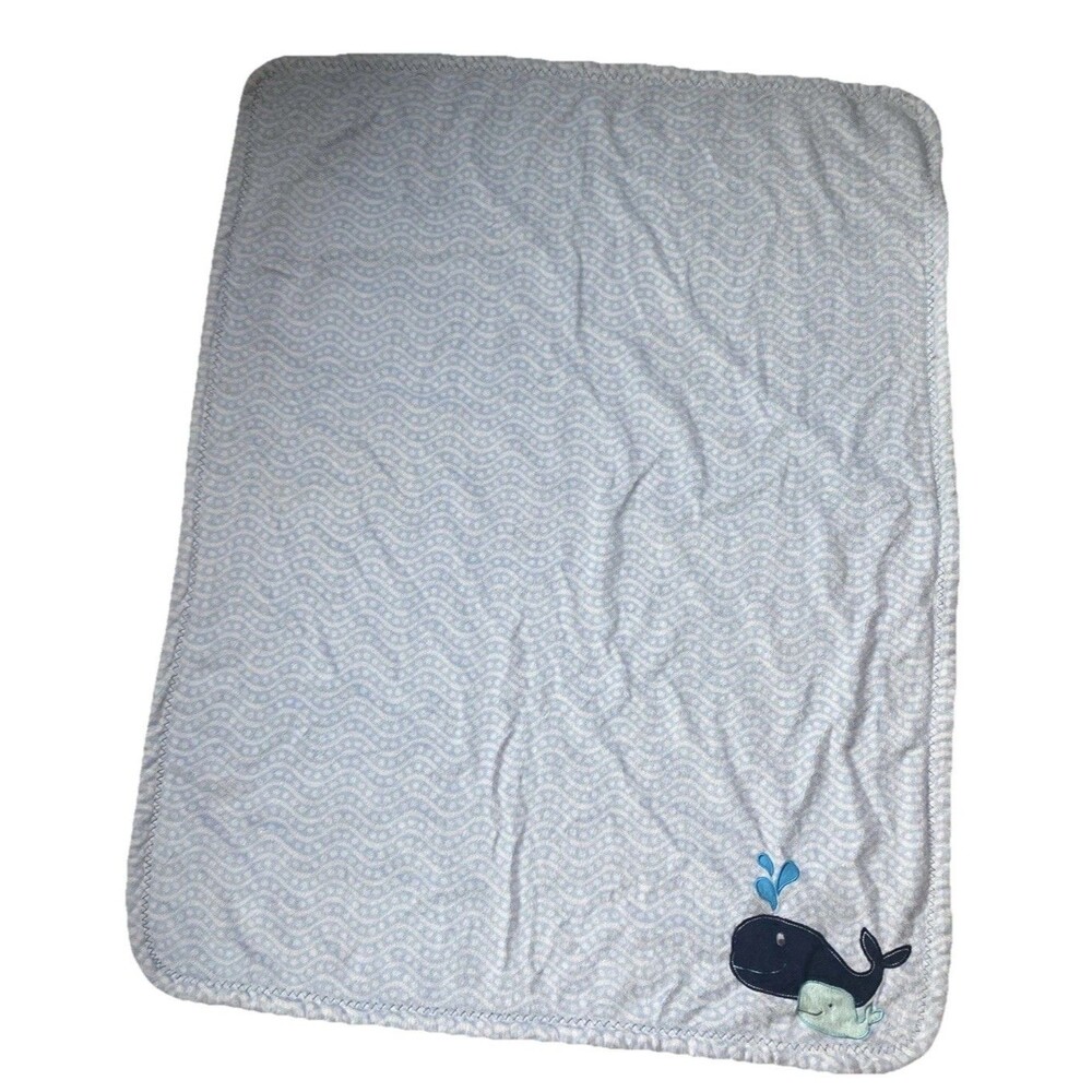 Carters Blue Aqua Plush Appliqued Mom Baby Whale Sherpa Blanket White Dots Wavy